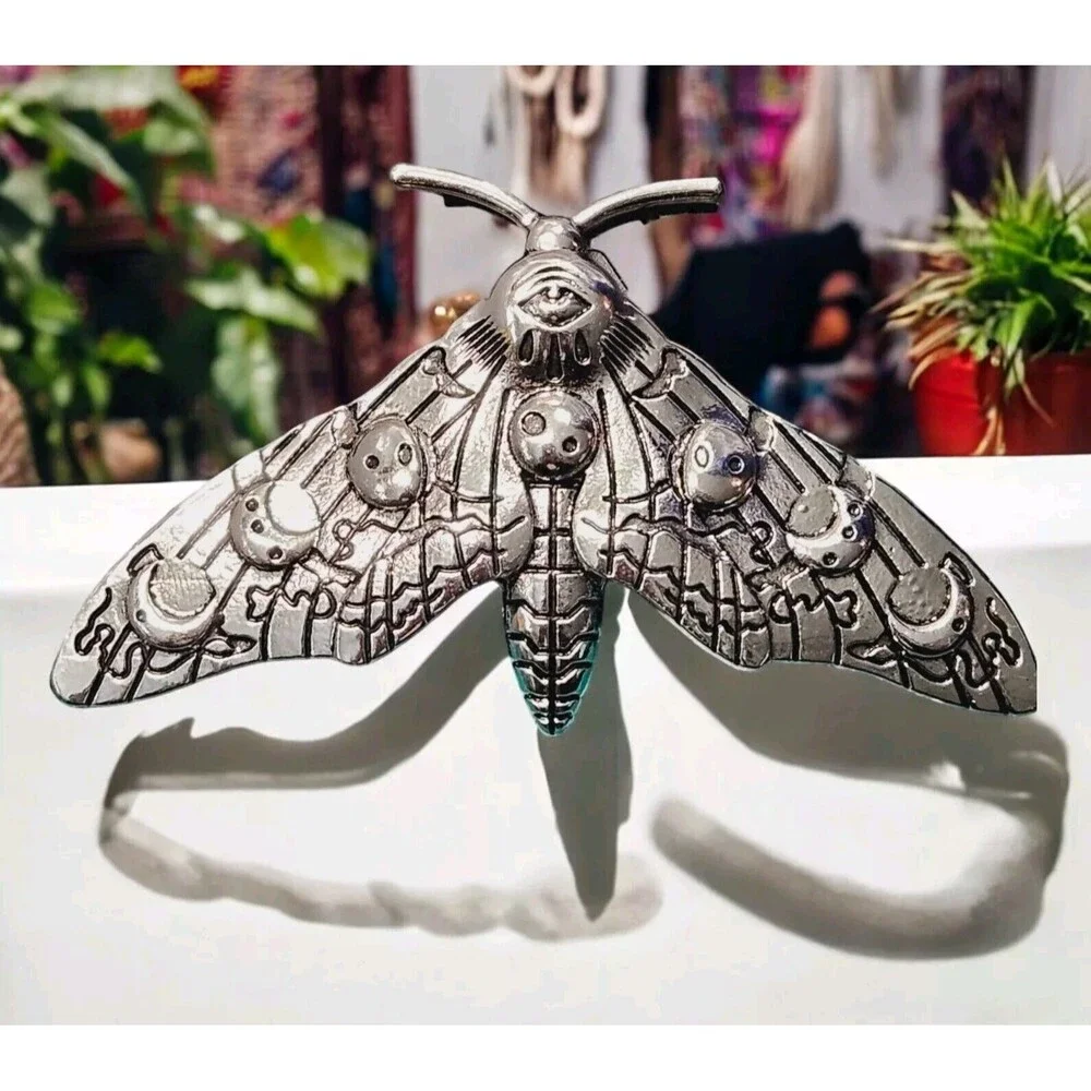 Gothic Moon Phase Moth Hair Clip Death Skull Insect Bug Barrett Silver Tone